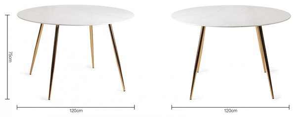 Francesca White Marble Effect Tempered Glass 4 Seater Dining Table With Matt Gold Plated Legs